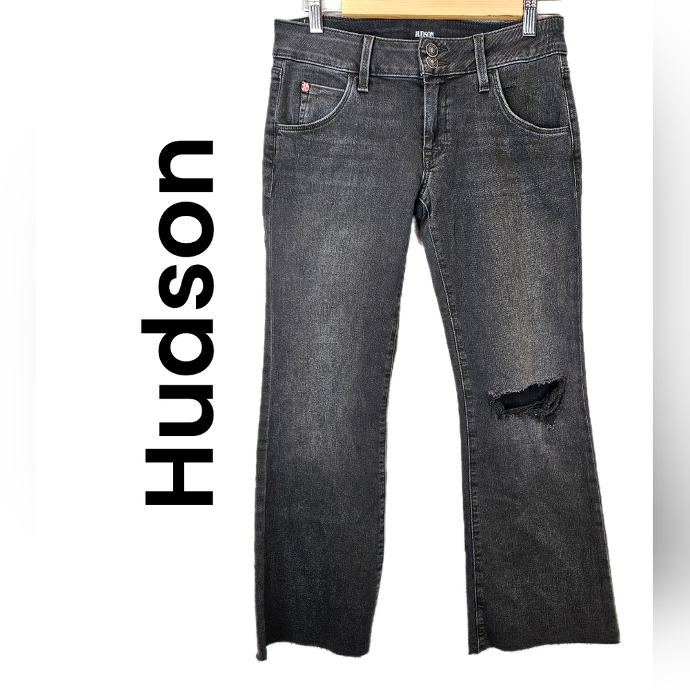 Hudson Womens Collin Midrise Bootcut Cropped Raw Hem Black Jean Sz 27 Distressed